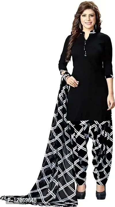 INITHI Women Casual Wear Italian Leon Crepe Dress Material Salwar Suit Color Unstitched Black-thumb0