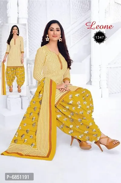 Stylish Yellow Geometric Print American Crepe Dress Material with Dupatta For Women-thumb0