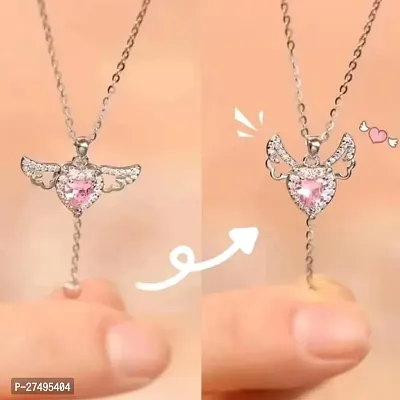 Diamond Pink Love Heart Moving Angel Wing Locket Pendant Necklace (Pack of 1pc)-thumb3