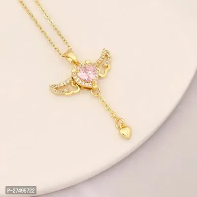 Golden color Diamond Pink Love Heart Moving Angel Wing Locket Pendant Necklace