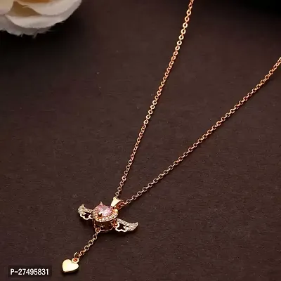 Ross Golden color Diamond Pink Love Heart Moving Angel Wing Locket Pendant Necklace