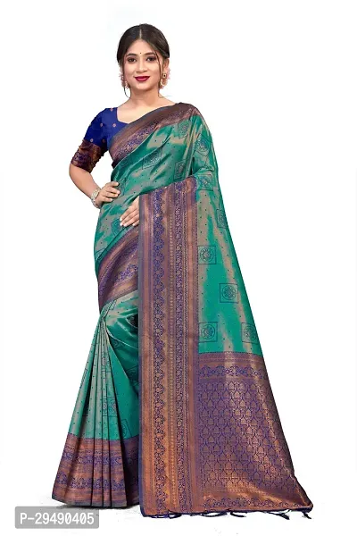 Elegant Green Cotton Silk Saree with Blouse piece For Women-thumb0