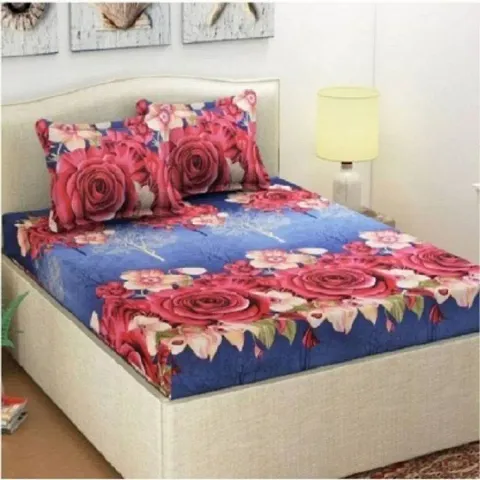 Cotton Villas 3D Red Rose Printed Bedsheet for Double Bed with 2 Pillow Cover Microfiber and Cotton Mix Color Black (88 X 88 inch )