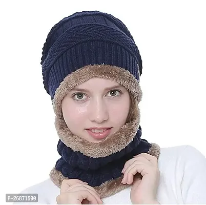 Navy Blue woolen Cap with Woolen Muffler-thumb5