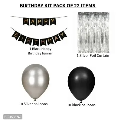 Happy Birthday Decoration Kit Combo - 22pcs Metallic balloons with Birthday Bunting with Slver Foil Curtain-thumb2