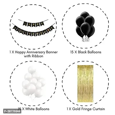 Happy Anniversary decoration kit Black banner, Gold fringe, Black, White Balloons Set of 32 Pcs-thumb2