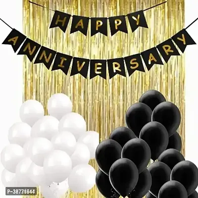 Happy Anniversary decoration kit Black banner, Gold fringe, Black, White Balloons Set of 32 Pcs