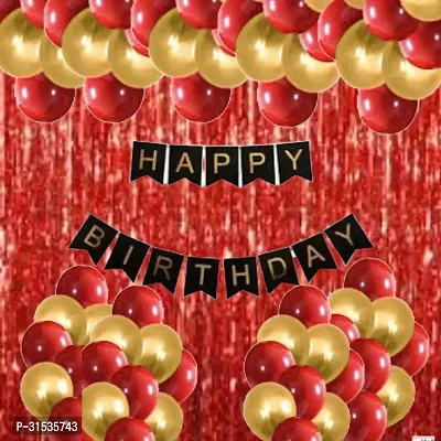 Happy Birthday Decoration Kit Combo - 22pcs Metallic balloons with Birthday Bunting with red Foil Curtain