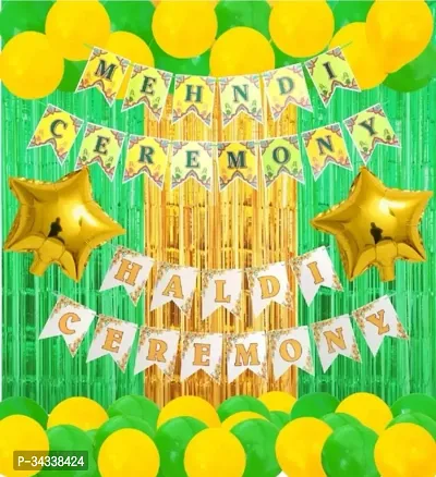 PartyBox Haldi Mehendi  Ceremony Foil curtain with  Balloons Decoration Kit Pack of Foil Curtain and Balloons with Haldi Banner Banner Bunting with Haldi Mehndi Special Balloons 37 Pcs