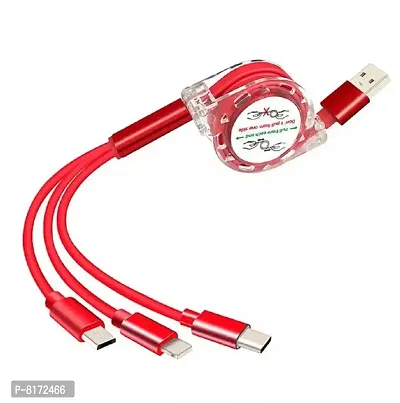 Stonx 2.4A retractable 3 in 1 multipin charging cable- 1 meter, Red-thumb0