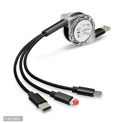 Stonx 2.4A retractable 3 in 1 multipin charging cable- 1 meter, black-thumb0