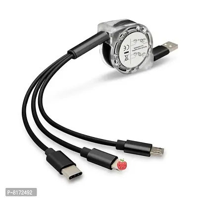 2.4A retractable 3 in 1 multipin charging cable- 1 meter, black-thumb0