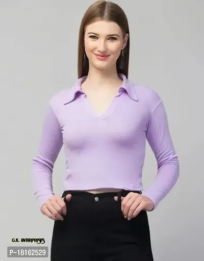 Trendy Rib Collar Tops Women (Medium, Lavender)-thumb0