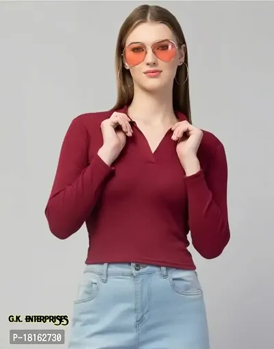 Trendy Rib Collar Tops Women (Medium, Maroon)
