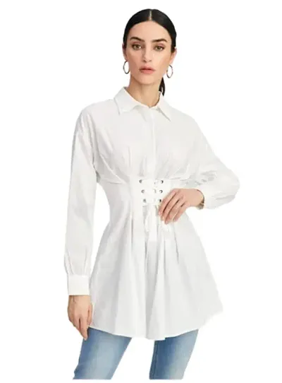 Trendy Women's Dress Long Length  Shirts (Small, White)