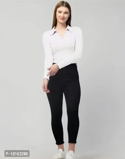 Trendy Rib Collar Tops Women (Small, White)-thumb2