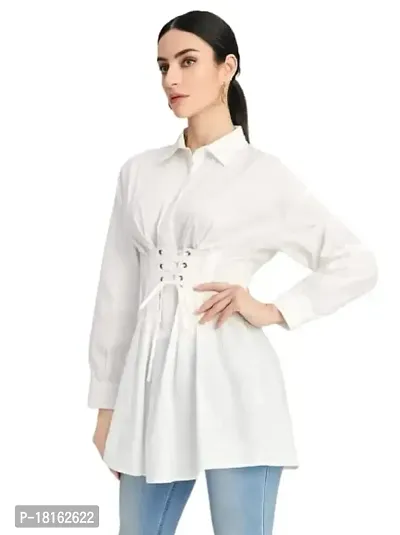 Trendy Women's Dress Long Length  Shirts (Small, White)-thumb4