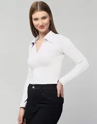 Trendy Rib Collar Tops Women (Small, White)-thumb3