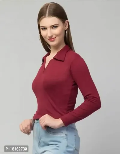 Trendy Rib Collar Tops Women (Medium, Maroon)-thumb3