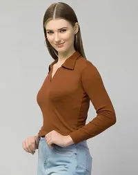 Trendy Rib Collar Tops Women (Medium, Brown)-thumb2