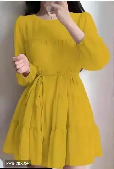 Stylish Yellow Georgette Solid Fit And Flare Dress For Women-thumb0