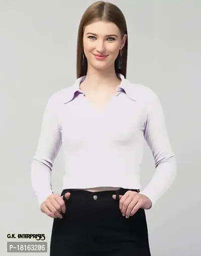 Trendy Rib Collar Tops Women (Small, White)-thumb0