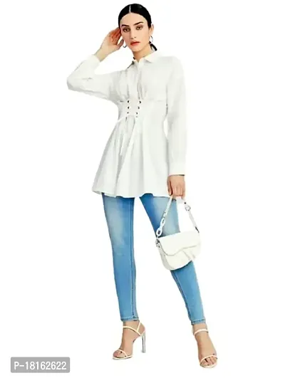 Trendy Women's Dress Long Length  Shirts (Small, White)-thumb3