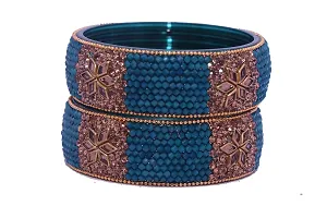 SHUH LAXMI Glass Glossy Finish Studded With Zircon and Pearl Ball Chain Linked Bangle Set For Women/Girls (Pack Of 2)-thumb2