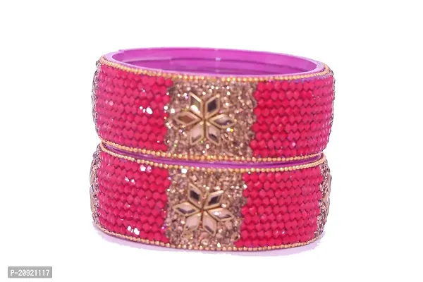SHUH LAXMI Glass Glossy Finish Studded With Zircon and Pearl Ball Chain Linked Bangle Set For Women/Girls (Pack Of 2)