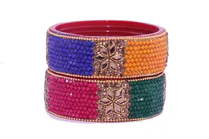 SHUH LAXMI Glass Glossy Finish Studded With Zircon and Pearl Ball Chain Linked Bangle Set For Women/Girls (Pack Of 2)-thumb2