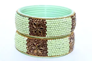 SHUH LAXMI Glass Glossy Finish Studded With Zircon and Pearl Ball Chain Linked Bangle Set For Women/Girls (Pack Of 2)-thumb2