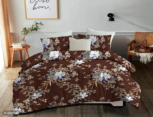 Brown Floral Printed Polycotton Bedsheet With 2 Pillowcovers