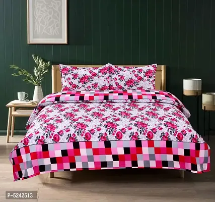 Multicoloured Checked  Floral Printed Polycotton Bedsheet With 2 Pillowcovers