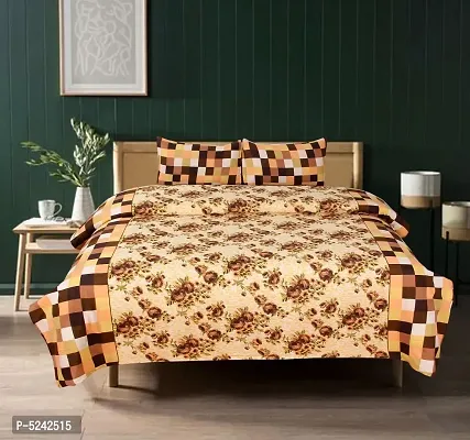 Brown Checked  Floral Printed Polycotton Bedsheet With 2 Pillowcovers