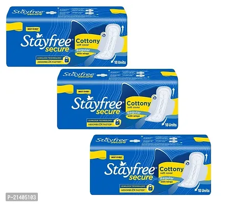 STAYFREE Sanitary Pads - Secure Cottony Regular, 18 pcs (Pack of 3)