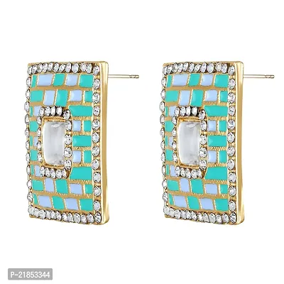 Mahi Squarish Dangler Earrings with Crystals and Dark Green and Light Blue Meenakari Enamel for Women (ER11098151GDGre)-thumb4