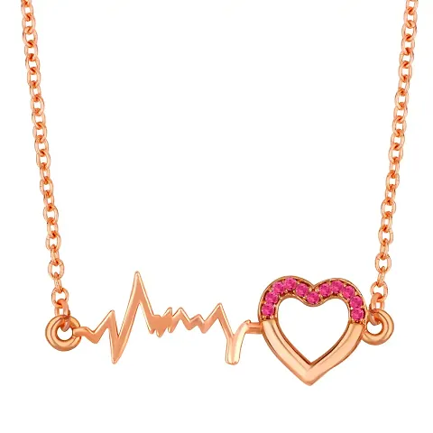 Mahi Heart and Heart Beat Pendant Necklace Chain with Crystals for Women (PAPS1101809PR) (Pink)