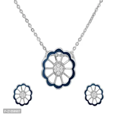 Mahi Cubic Zirconia Blue Floral Rhodium Plated Pendant Set for Women NL1103669RBlu