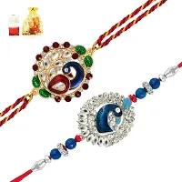 Mahi Crystals and Beads White, Blue, Red and Green Peacock Rakhis for Men - Set of 2-thumb1
