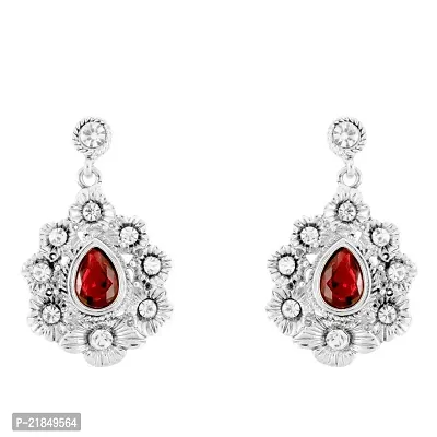 Donna Fashion Red Floral Drop Rhodium Plated Dangler Earrings with Crystals for Women ER30092R-thumb0