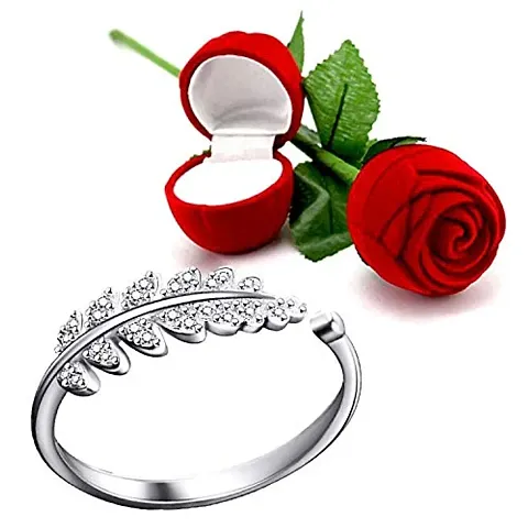 Mahi Valentine Gift Cute Leafy Adjustable Crystal Finger Ring with Rose Box for Girls and Women FR5103058RWhiBx