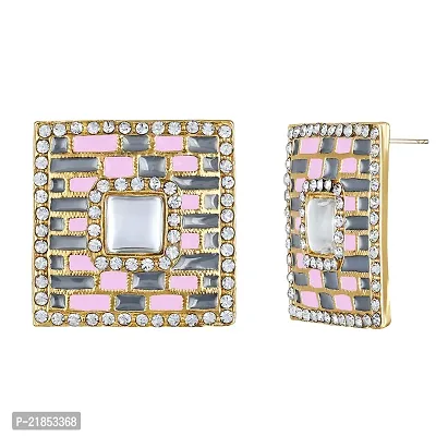 Mahi Squarish Dangler Earrings with Crystals and Grey and Pink Meenakari Enamel for Women (ER11098150GGry)