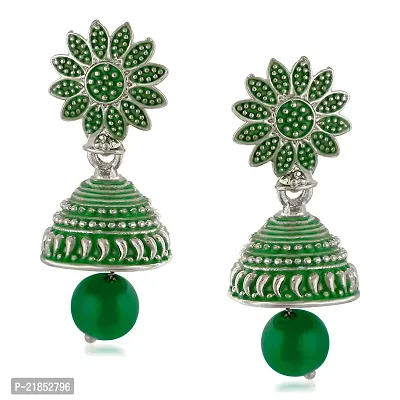 Mahi Meenakari Work Green Artificial Bead Floral Jhumka Drop Earrings for Women (ER1109685R)-thumb0