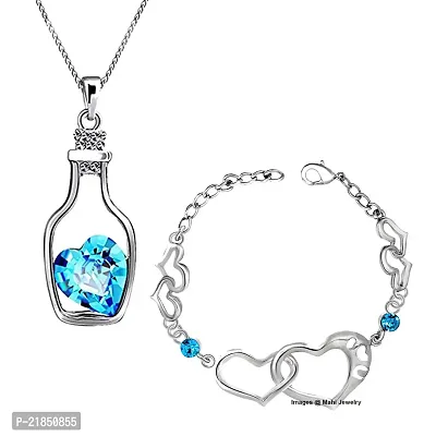 Oviya Blue and White Rhodium Plated Combo of Alluring Crystal Pendant and Bracelet for Women-thumb0