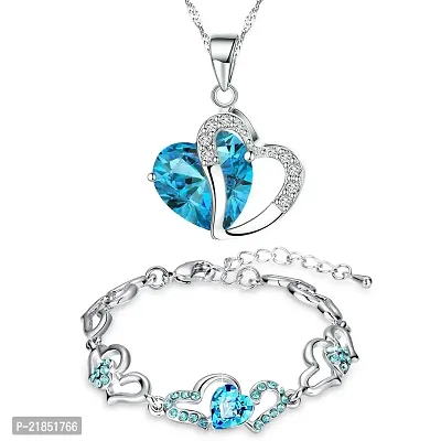Mahi Valentine Gift Combo of Heart Bracelet and Pendant of Alloy with Blue Crystal CO1105093R
