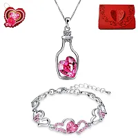 Oviya Valentine Special Combo of Lovely Crystal Heart Link Bracelet and Bottle Heart Pendant of Alloy with Gift Box and Card for Women CO2104883RRdBxCd-thumb1