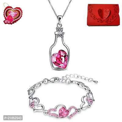 Oviya Valentine Special Combo of Lovely Crystal Heart Link Bracelet and Bottle Heart Pendant of Alloy with Gift Box and Card for Women CO2104883RRdBxCd-thumb2