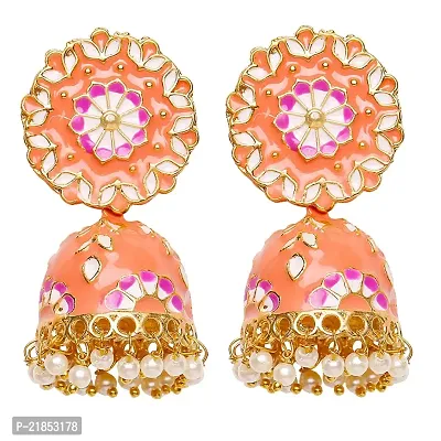 Mahi Carrot Pink Classic Meenakari Enamelled Artificial Pearl Jhumka Earrings for Women (ER1109730GCrtc)