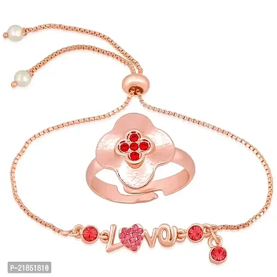 Mahi Valentine Gift Rose Gold Combo of Love Bracelet and Floral Adjustable Finger Ring of Alloy with Pink and Red Crystal CO1105111Z
