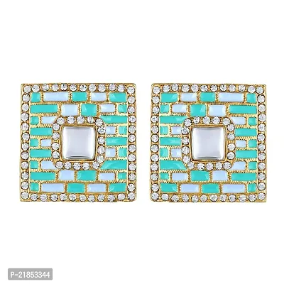 Mahi Squarish Dangler Earrings with Crystals and Dark Green and Light Blue Meenakari Enamel for Women (ER11098151GDGre)-thumb3